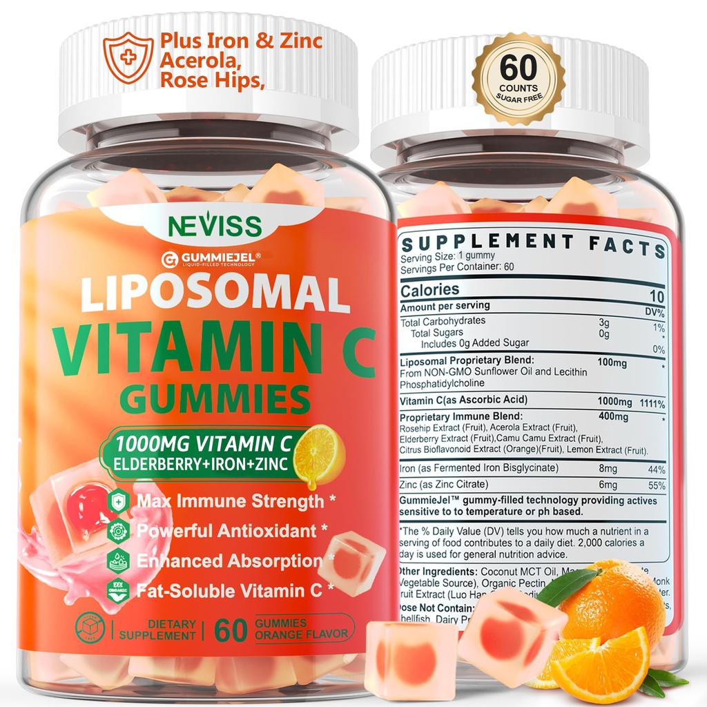Lipomal Vitamin C 100mg Gummies for Dewasa - Vitamin C Chewable with Elderberry, Zinc & 8mg Iron, Sugar Free Vit C Suplemen, Daily Imune Dukung Gummies for Energy, Collagen Booster 60 Counts