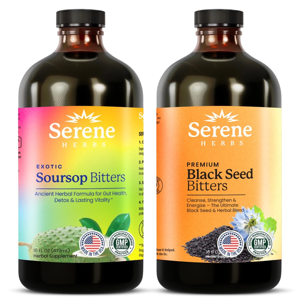 Serene Herbs Soursop Bitters Liquid & Black Seed Bundle - Organic Herbal Guanabana for Digeatle Support & Imune Health - Vegan, Non-GMO - 32 oz (16 oz Masing-masing), 32 Servings
