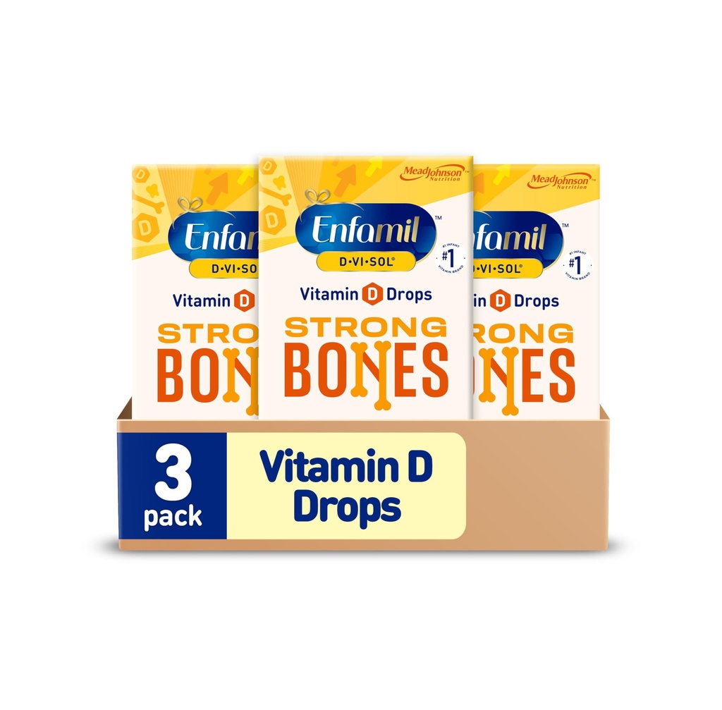 Enfamilil Baby Vitamin D-Vi- Sol Vitamin D Liquid Drops for Infant, Mendukung Gigi Kuat dan tulang dalam Bayi-Bayi Baru Lahir, Easy- Gunakan, Gluten- Bebas, 50 ML Botol Dropper, Paket 3