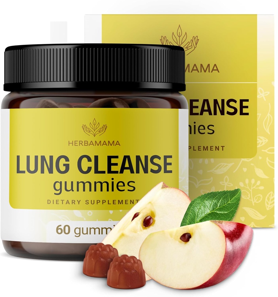 HERBAMAMA Lung Detox Gummies - Herbal Complex with Mushroom Blend for Lung Cleanse - Vegan, Non-GMO Respiratory Supplemen - 60 Pectin- Based Application-Flavored Chews