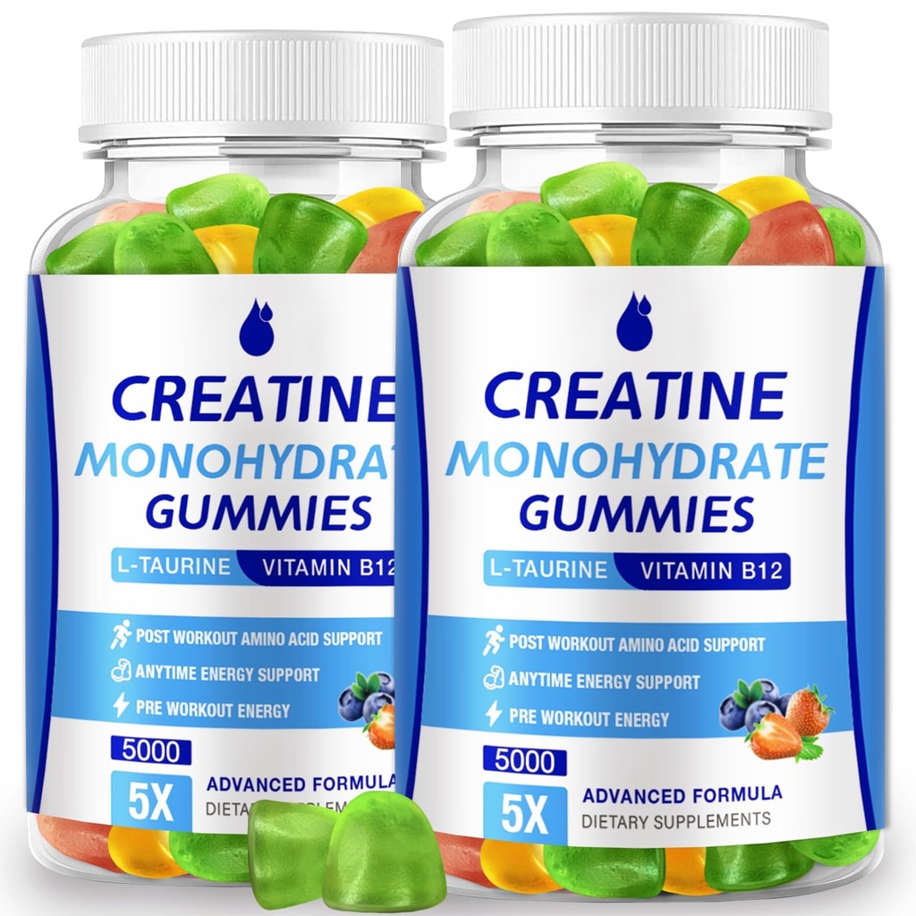 Cretine Monohydrate Gummies 5000mg Creatine for Women & Men 2 Packs, Creatine Monohydrate Chew for Boost Focus, Muscle Energy, 5g Creatine Monohygate per Serving, Sugar Free, Vegan