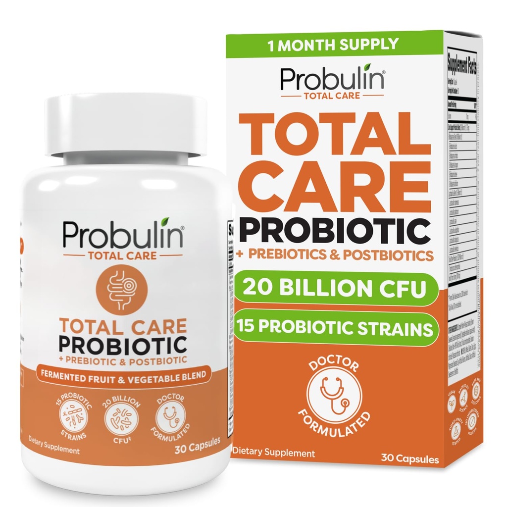 Probulin Total Care Probiotic Suplement, Daily Gut, DigettIe, and Immune Health Prosules Kapsul untuk Pria dan Wanita, 20 Milyar CFU, Vegan, 30 Count Bottle