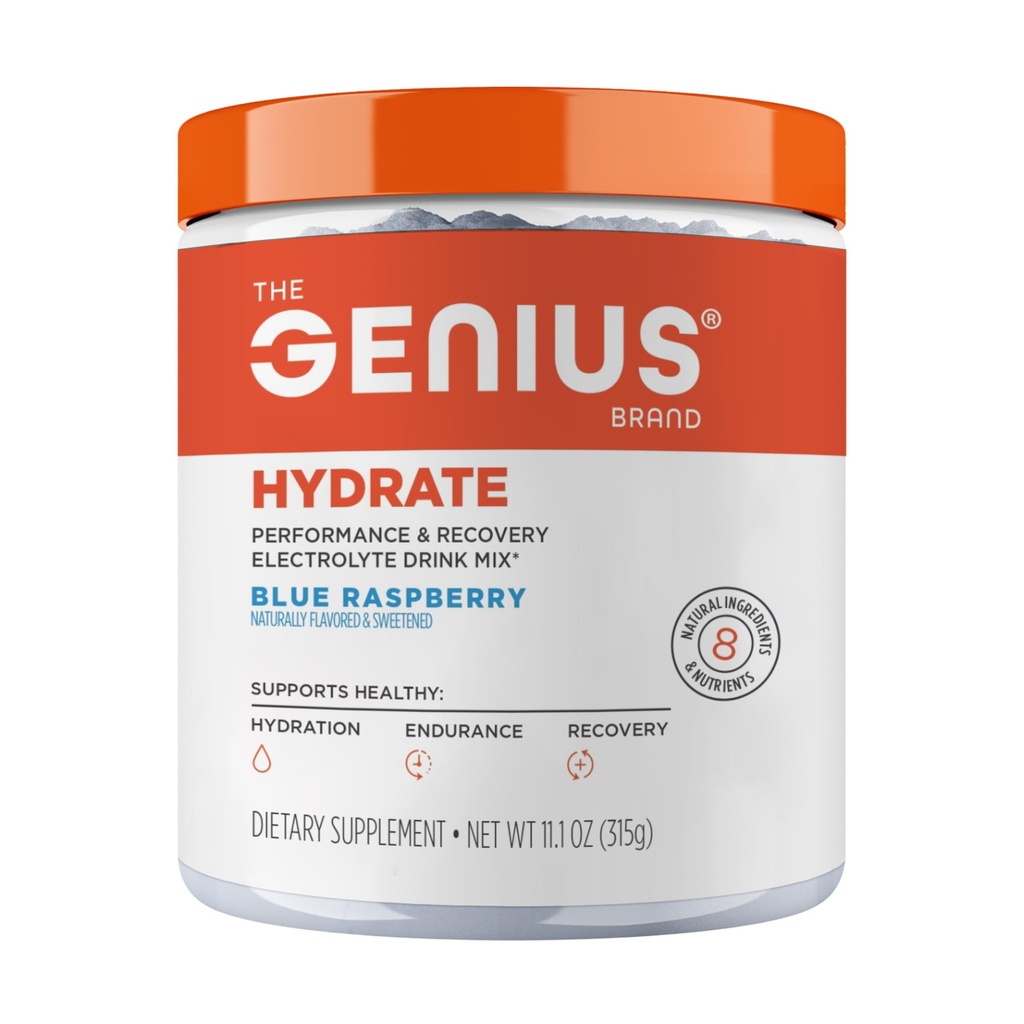 Genius Brand Genius Hydrate - Electrolite Suplemen Harian - Coconut Air - Sugar- Free - 8 Esculity Mintrients & Non- GMO - Blue Raspberry - 50 Servings