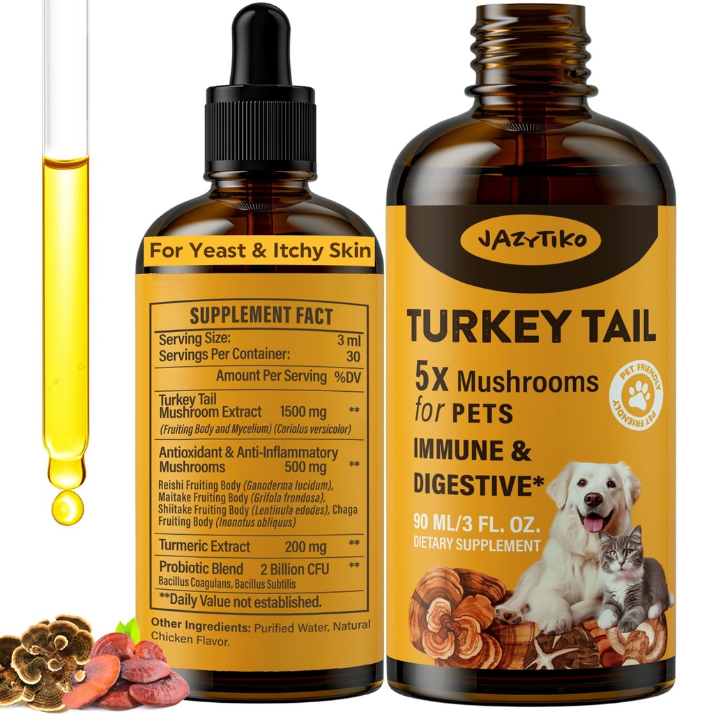 Turkey Tail Mushroom for Dogs - Lebih cepat Absorpsi 2000mg Tail Mushroom Turki untuk Imune & Digetical, Gabungan, Energi, Jamur 5X untuk Turmeric & Probiotic - Vet Formumulasi, 90 ML / 3FL.oz