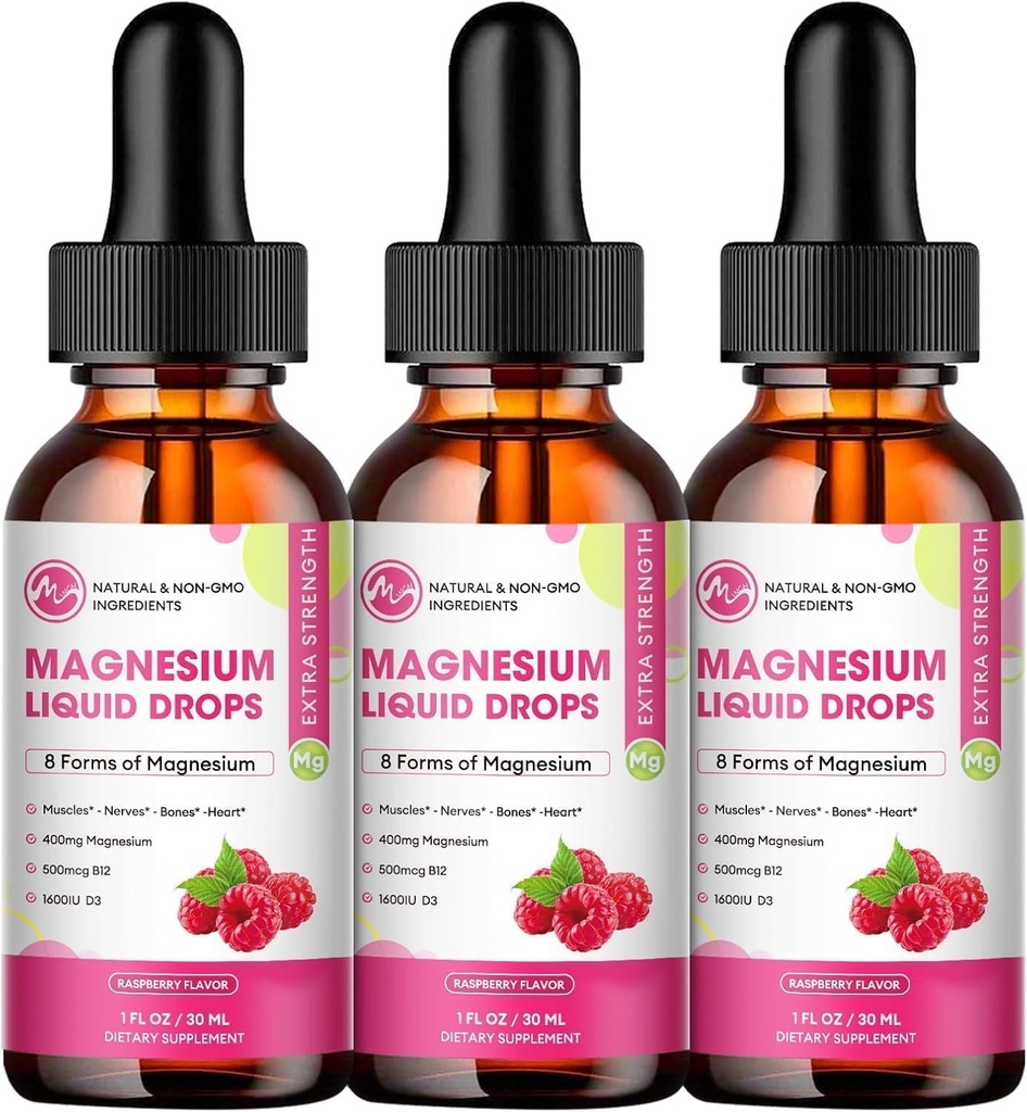 (3 Paket) Magnesium Liquid Drops - 8 di 1 Magnesium Kompleks dengan Magnesium Glycinate, Citrate, Malate, Tadrate, untuk Brain, Night, Muscle, Bone, Craspberry Flavor
