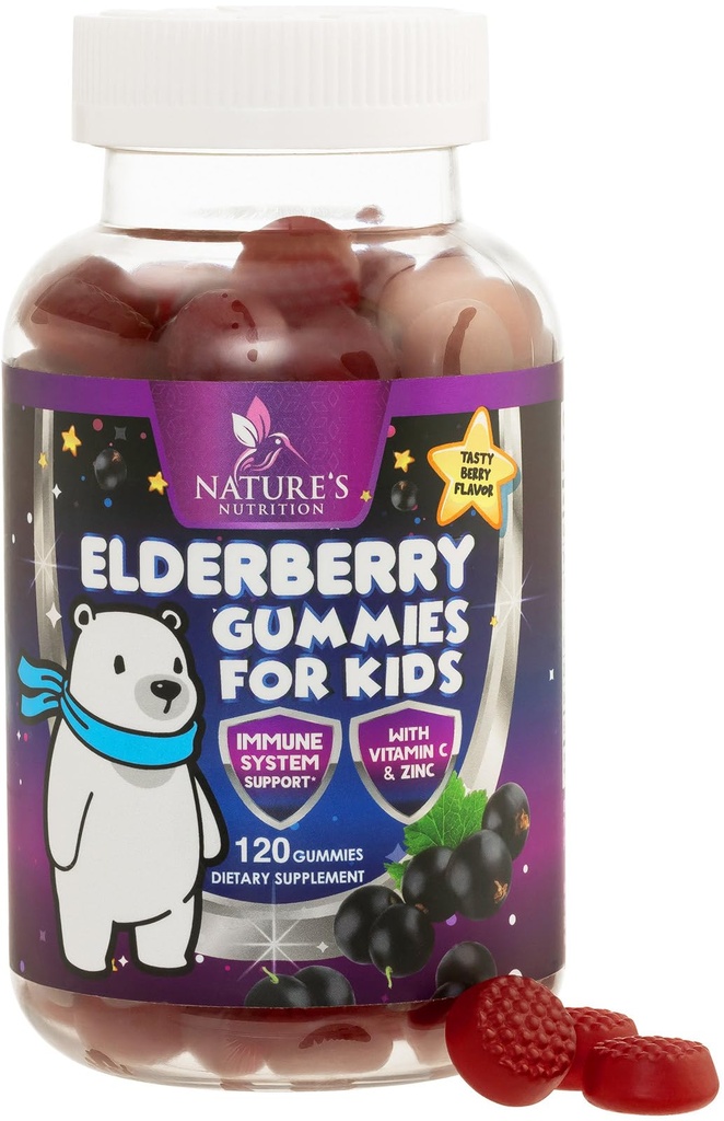 Anak-anak Hamilune Dukung Elderberry Gummies - Daily Children 's Vitamin C, Zinc & Kid Animation Dumi - Nature' s Sambucus Elderberry Suplemen, Vegan, Gluten- Free, Tasty Berry Flavor - 120 Gummies