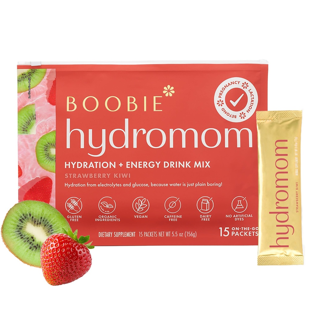 Boobie Hydromour Superfood Electrolite Drink Mix, Strawberry Kiwi 124; Menyegarkan Energi & Hydration Boost for Mamas 124; On- TheGo & Travel Esentials for Pregnancy, Lactation, & Beyond, 15 Packets