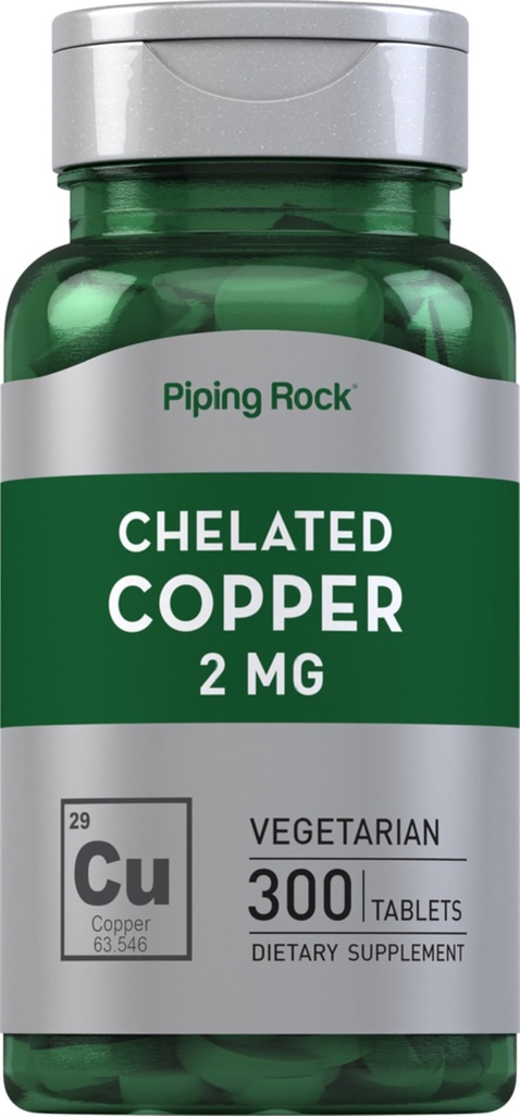Piping Rock Chelated Copper 2 mg Supplement dua 124; 300 Tablet 126; Vegetarian, Non-GMO, Gluten Free