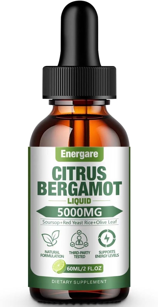 1 Paket 5000MG Citrus Bergamot Liquid Drops untuk High Cholesterol- Soursop, Red Yeast Rice, Zaitun Leaf -All-Natural, Health Dukung, Defiune Dukungan, Heart Health & Antioksidant, 2 Fl Oz