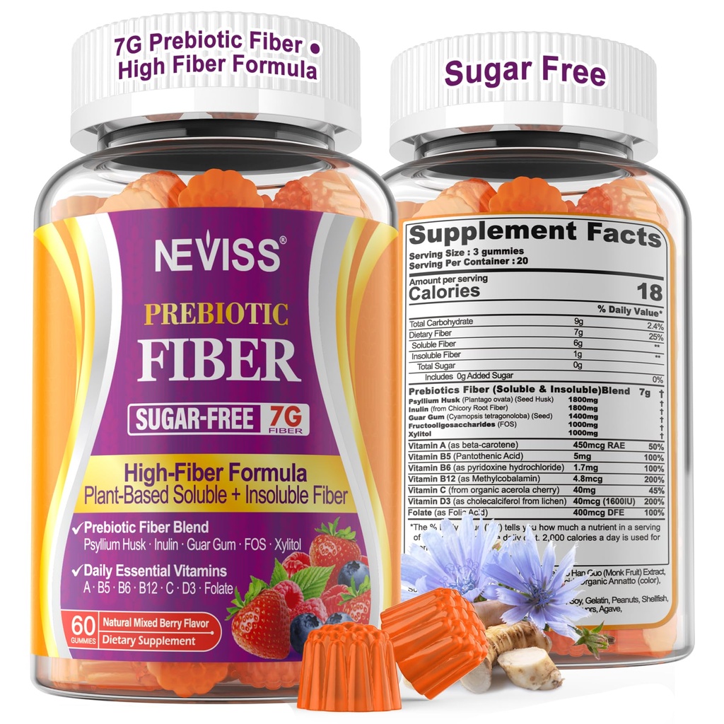 1Pack Fiber Cummies for Adults with Psyllium Husk, 7G (Soluble + Insoluble) Daily Prebiotic Fiber with Inulin, FOS, Guar Gum, Multivitamin for Daily Digetivity Health, Regularitas Gut Support, Sugar Free