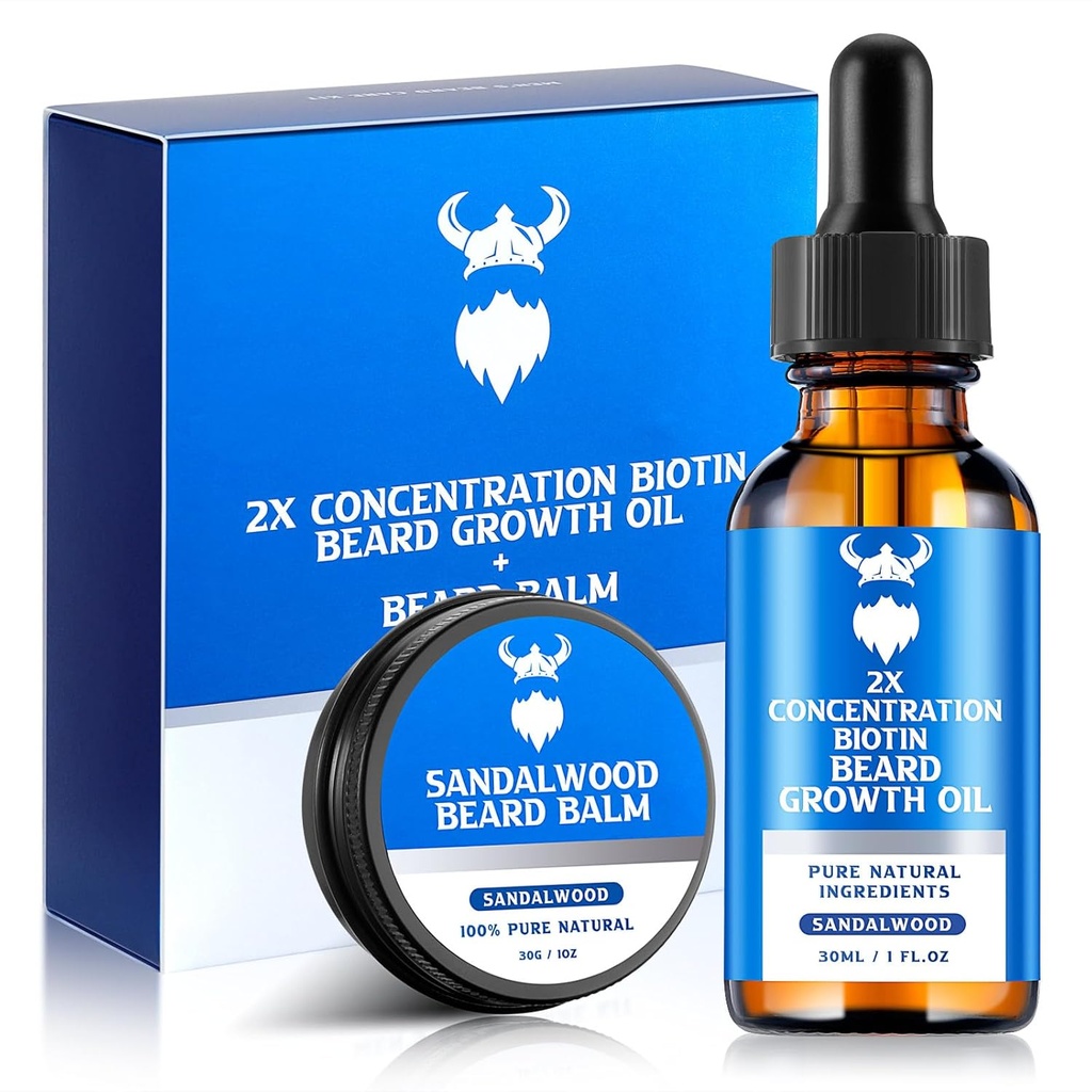 Beard Growth Oil & Beard Balm - Beard Growth Kit dengan Biotrin Konsentrasi 2X untuk Pria, Ingredians Alam dengan Argan Oil, Jojba Oil dan Vitamin (Sandalwood)