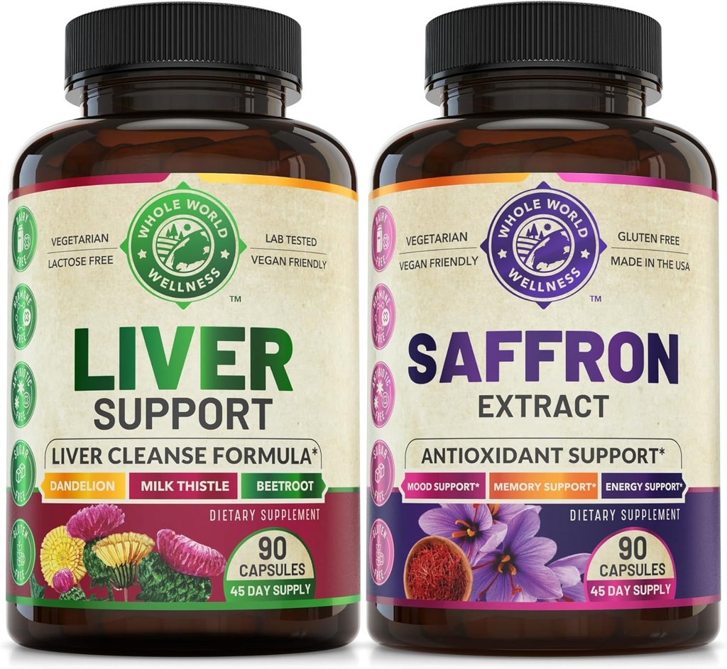 Liver Cleanse Detox Perbaiki Formula dan Pure Saffron Extract Bundle (Satu Botol Masing-masing). Mendukung Kesehatan Hati, Energi Boost, Mood, Fungsi Metabolik. USA Made.