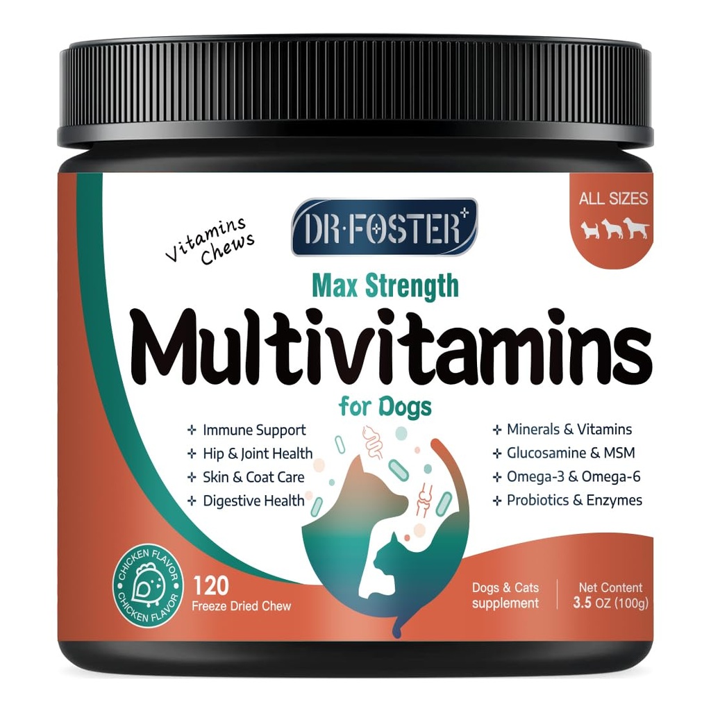 Dog Multivitamin dengan Glucosamin, Omega 3, Mineral, Programne dan Enzymes, Dog Vitamin dan Suplemen untuk Gabungan, Skin & Coat Care, Digetical dan Immune Health, Chicken Flavor - 120 Chews