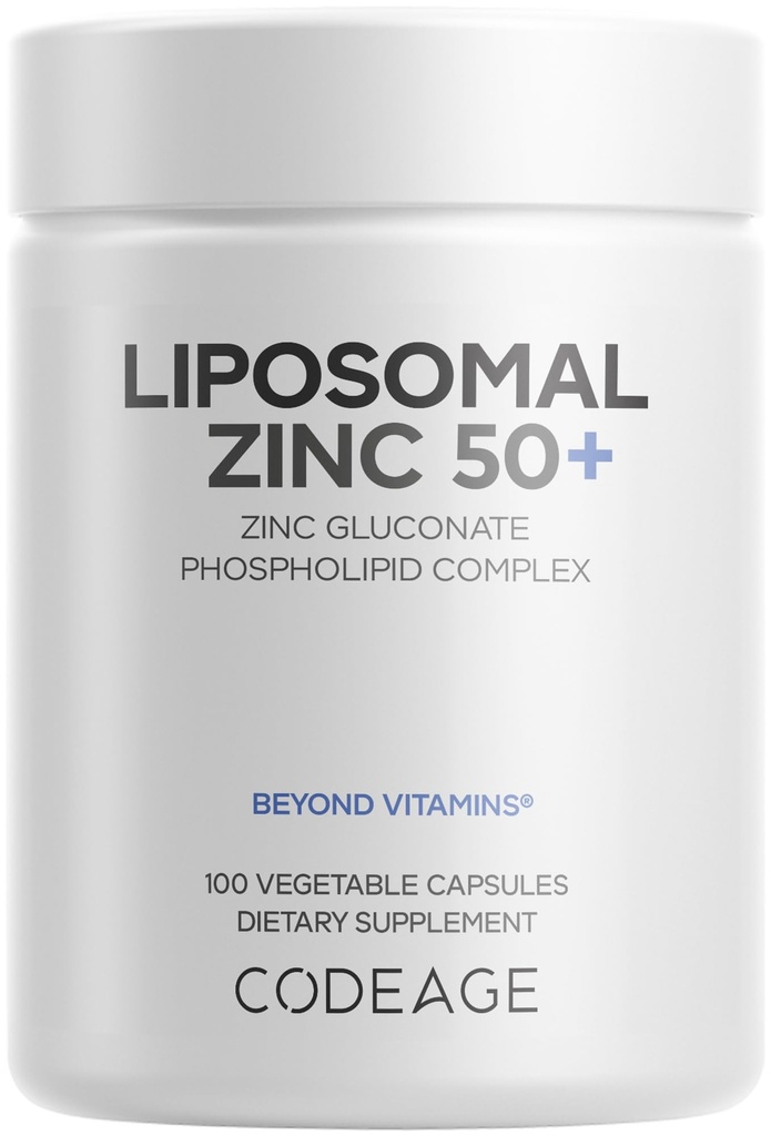 Codeage Lipomal Zinc Supplemen - 3 Bulan Supply - Satu per Hari - 50 mg Zinc Gluconate Pill Vitamin - Suplemen Mineral Escul Plus Program Pengiriman Lipomal - Vegan Nor-GMO - 100 Kapsul