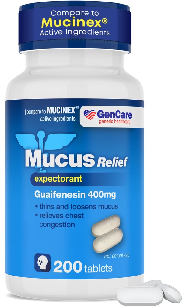 GenCare Muscus Relief Expectorant Guaimenesin 400 mg 200 tablet Value Pack - Fast Acting Thinning of Muscus for Colds, Chest Contrable, Flu, Batuk dan Alergi