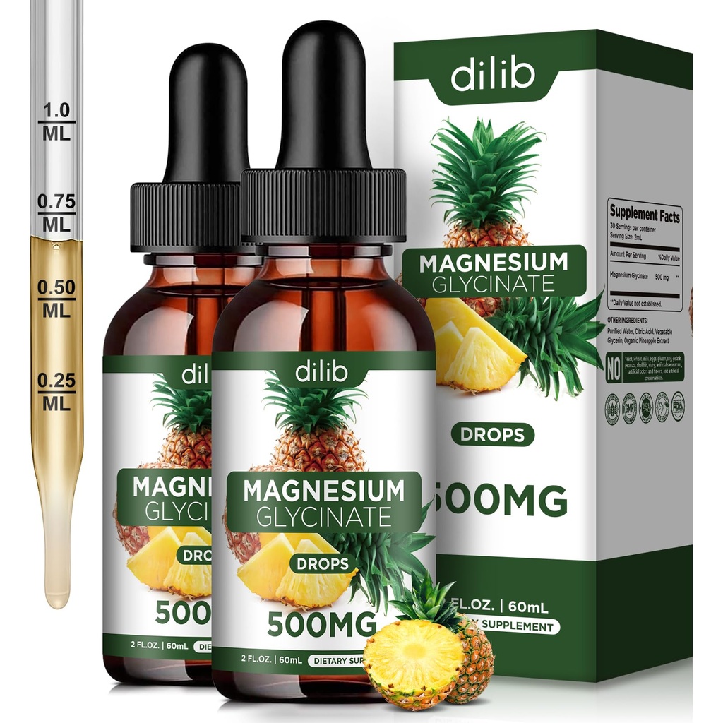 (2 Paket) Magnesium Glycinate Suplemen, Liquid Magnesium Glycinate Liquid Drops 500mg Dukung Stress Relief, Relaxation, Mood, Sleep, Bone & Muscle-4 Fl Oz, Vegan, Pineapple Flavor