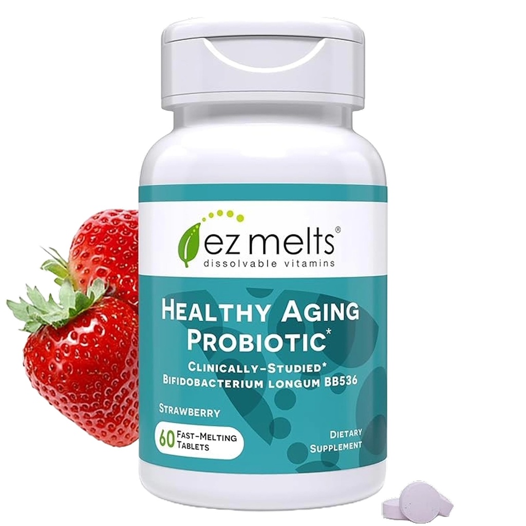EZ Melts Dissoltable Aging Probiotic, Bifidobacterium Longum BB536 (2 Milyar CFU), Sugar- Bebas, Progres bagi Perempuan & Pria 50 +, Persediaan 2- Bulan - 1 Pack