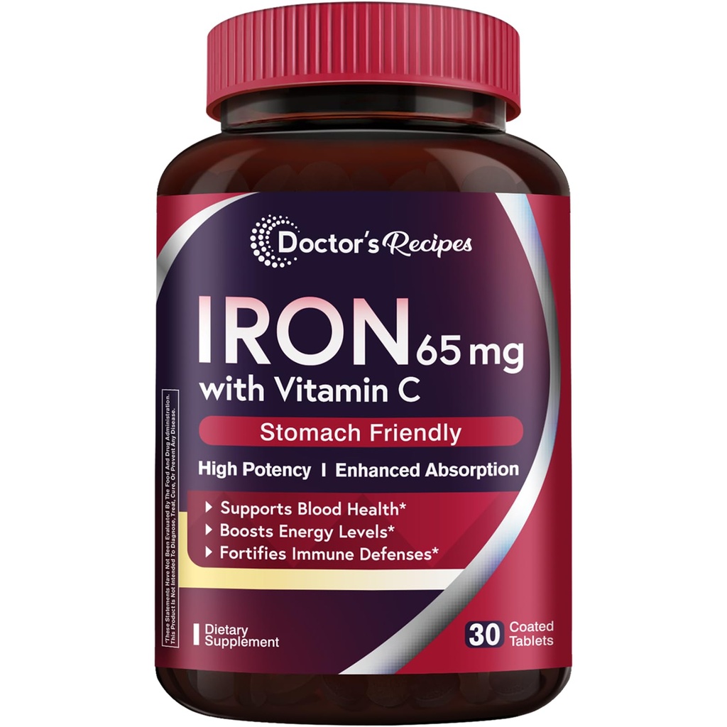 Formasi Besi Resep Dokter 65 mg dengan Vitamin C - Asorpsi & Stomach Friendly Pill untuk Formasi Red Blood Cells, Heart, Otak & Imunity Health - Vegan Non-GMO 30 Iron Tablets