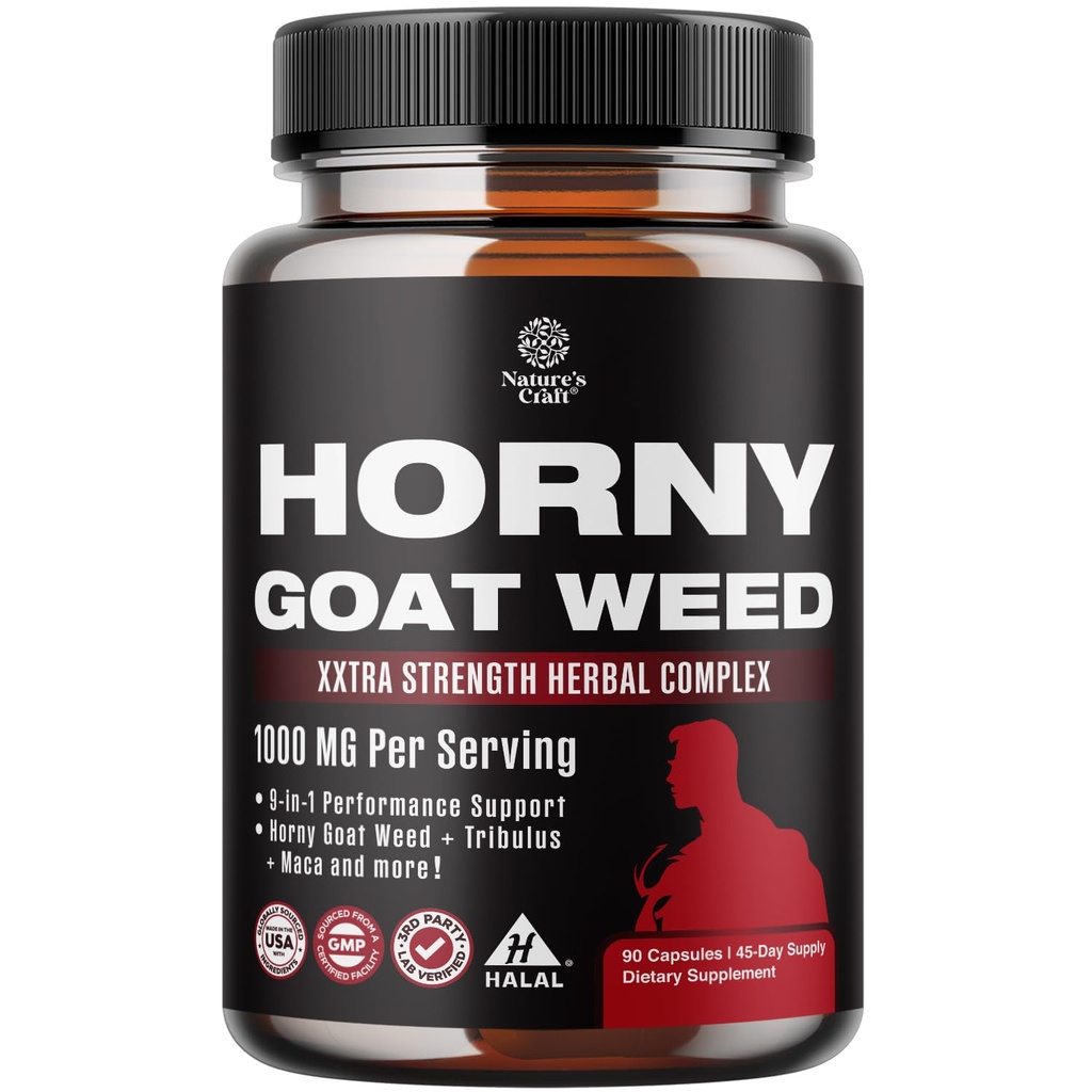 Natures Craft Horny Goat Weed for Men - Extra Power Male Suplement with Black Maca Root, Tongkat Ali, Saw Palmetto & Panax Ginseng Extract for Stamina & Energy - 90 Capsules