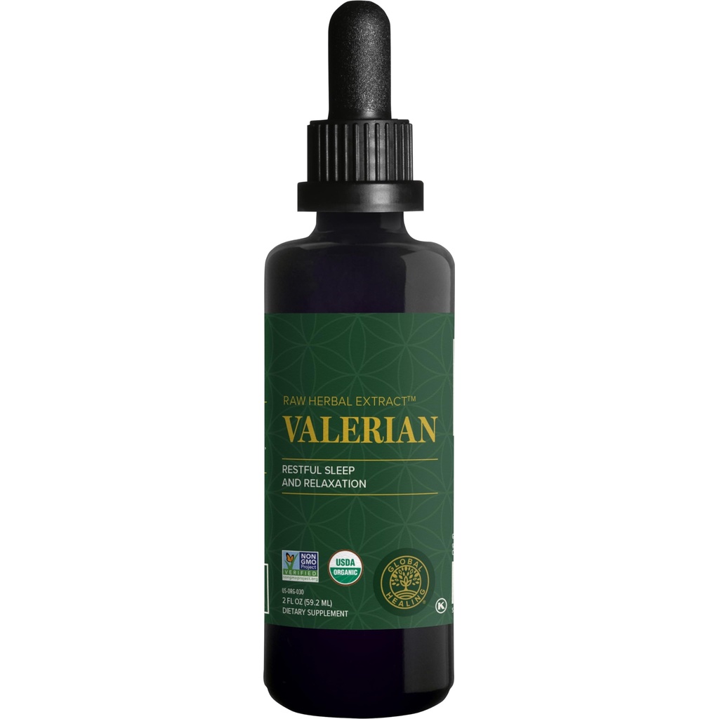 Global Healing Organic Valerian Extract Liquid Suplement - Raw Herbal Extract for Healthy Relaxation, Sleep & Calse -Alternative to Valerian Root Capsules for Bioavability - 2 Fl Oz