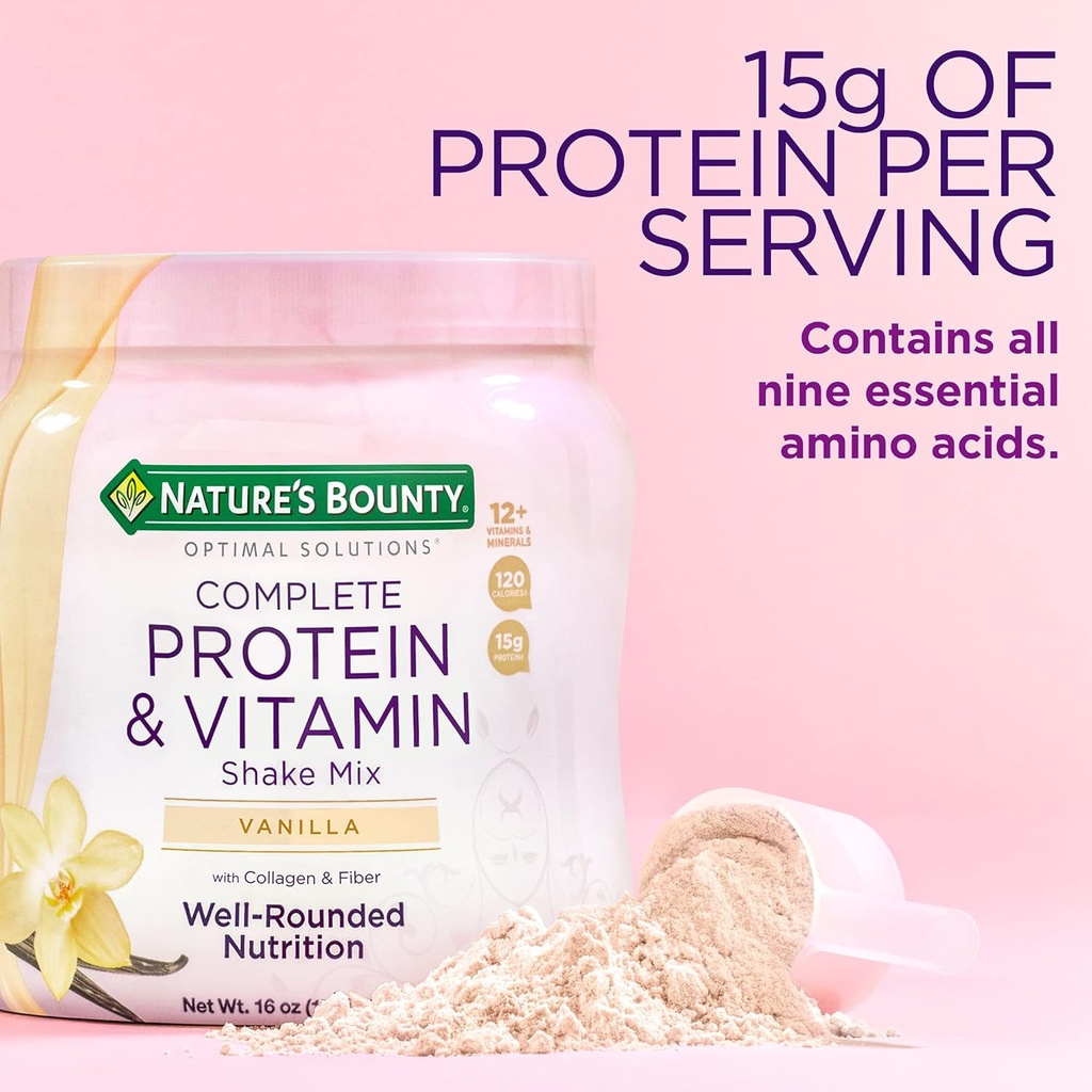 Nature 's Bounty Complete Protein & Vitamin Shake Mix dengan Collagen & Fiber, Berisi Vitamin C untuk Kesehatan Kebal, Vanilla Flavored, 1 Pound (Paket 2)