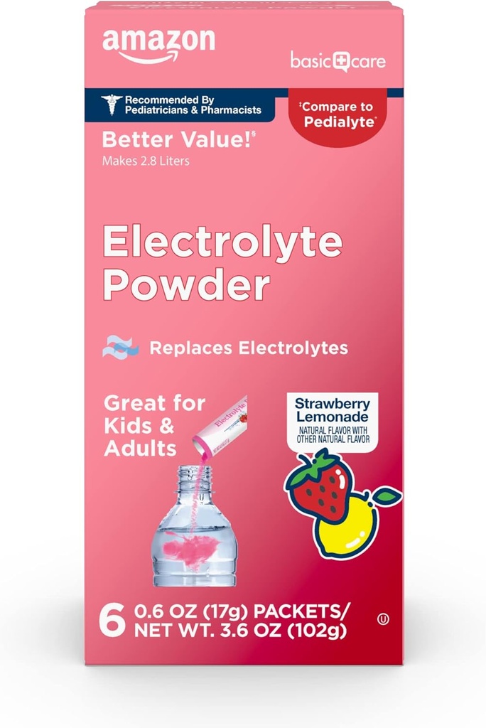 Basic Care Electrolite Powder Packet, Strawberry Lemonade, 6 Cacah (Paket 1)