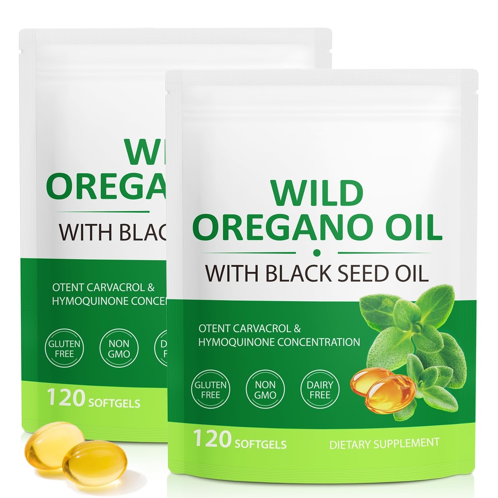 Minyak Oregano Softgeels, 2 dari 1 Minyak Oregano dengan Hitam Benih Minyak 240 Count, Oregano Tambahan Minyak Capsules, Organik Oregano Ekstrak Minyak, Non- GMO, Gluten Bebas - 2 Bag