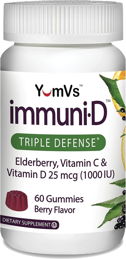 Immunid Elderberry Gummies by YumVs 124; Triple Defense Vitamin with Sambucus Elderberry, Vitamin C & Vitamin D 124; Lengkap Immune System Dukungan untuk Perempuan & Men 124; Natural Berry Flavor- 60