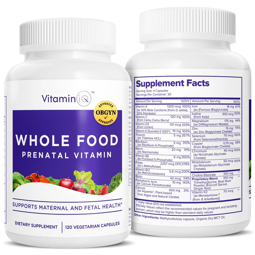 Whole Food Prenatal Vitamin (120 Kapsul) Dukungan Alam bagi Kesehatan Maternal and Fetal, Prenatal Multivitamin untuk Perempuan dengan Choline, B Vitamin dan More, Vegan, Tanpa Soy, Gluten atau Dairy