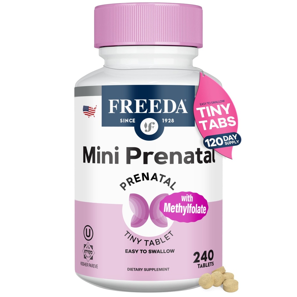 FREEDA Mini Prenatal Vitamin - Kosher Prenatals -Tiny Easy to Swallow Tablet - Prenatal Vitamins with Iron, Prenatal Folic Acid / Folate, Vitamin D - Pre Natal Multivitamin for Pregnant Women (240)