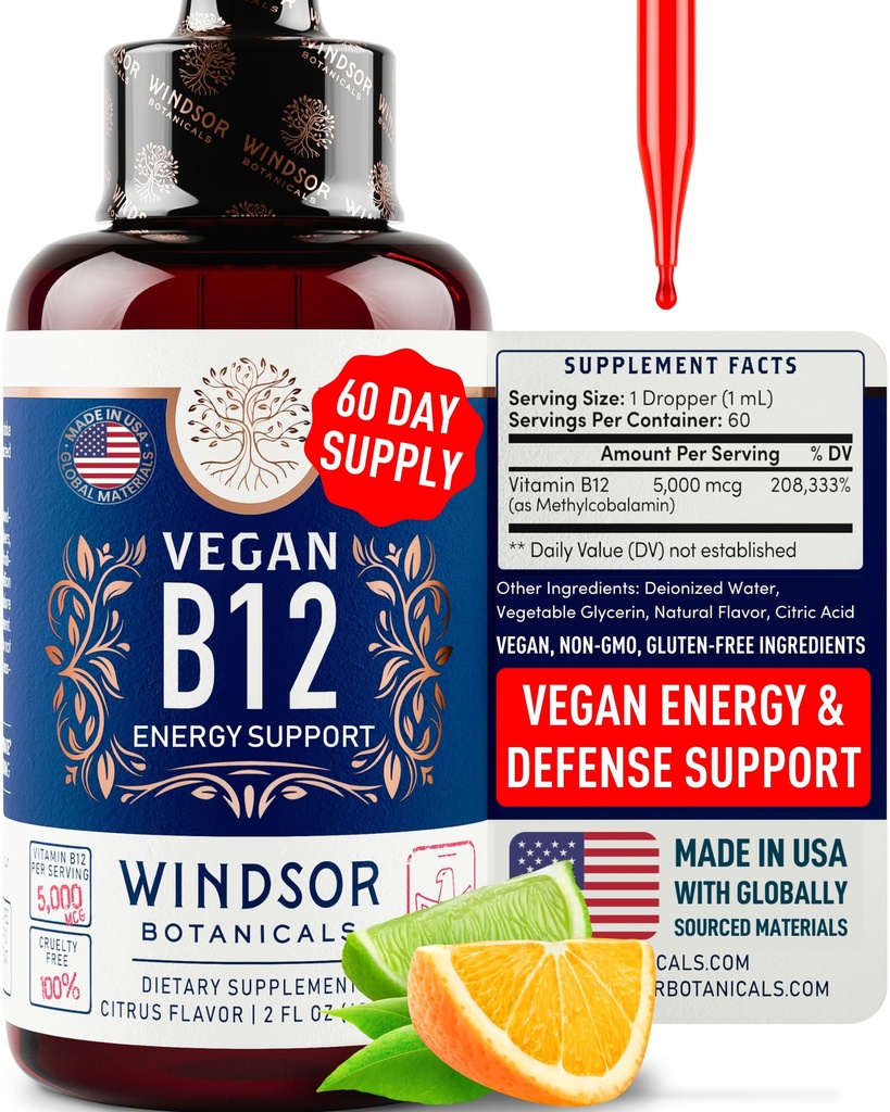 Vegan Vitamin B12 Liquid - Max Power Methylcobalamin B12 Sublingual 5000 mcg - Fast Absorbing Suplement for Mood, Memory and Energy Support-GMO, Gluten- Free, Citrus Flavor B 12 Drops, 2oz