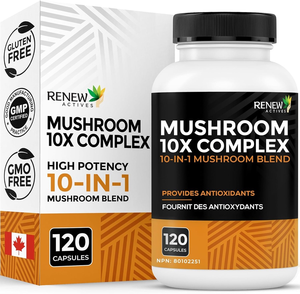 RENEW actives Mushroom Complex 2 Capsules per Serving - 10 Mushroom Blend with Antioksidants for Immune Health & Wellness - Supports Overall Vitalitas & Long- Term Wellness -Made in Canada - 120 Capsules