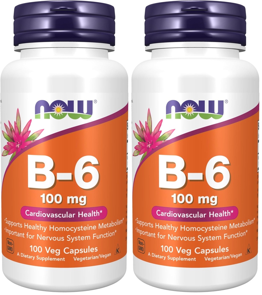 Suplemen SEKARANG, Vitamin B-6 (Pyridoxine HCI) 100 mg, Kesehatan Kardiovaskular *, 100 Veg Capsules (Paket 2)