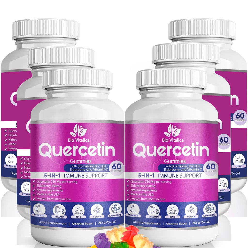 Quercetin Gummies by BioVitalica - Quercetin with Bromelain Vitamin C dan Zinc + Elderberry + Vitamin D3- 5 in 1 Immune Dupport - Zinc Quercetin 750 mg for Kids and Adult (6, Quercetin)