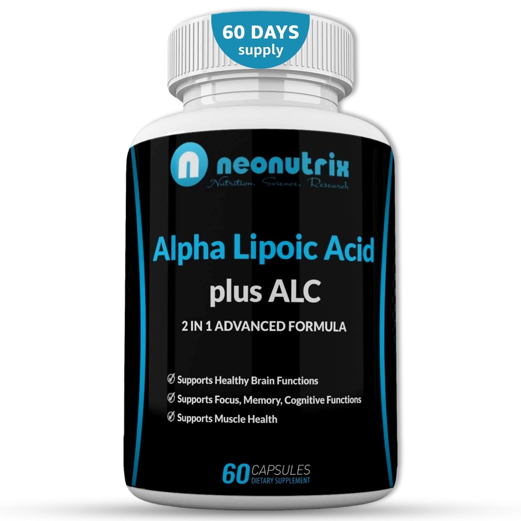 Alpha Lipoic Acid Plus Acetyl L- Carnitine Antioksidant Suplemen ALC untuk Fungsi Otak Sehat & Otot Kekuatan, Fokus, Fungsi Memory & Kognitive Bagi Perempuan & Pria - 60 Capsules oleh Neonutrix