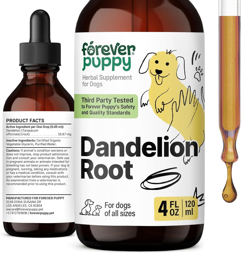 Selamanya Puppy Dandelion Root Drops for Dogs - Liquid Liver Health Suplement for Large, Medium & Small Dogs - Liver Cleanse Detox Drops w / Dandelion Root Extract - 4 oz