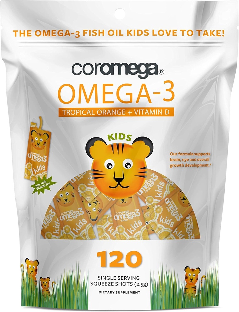 Anak-anak Coromega Omega 3 Tambahan Minyak Ikan, 650mg dari Omega- 3 s, Orange Tropical + Vitamin D, 120 Single Serve Praket