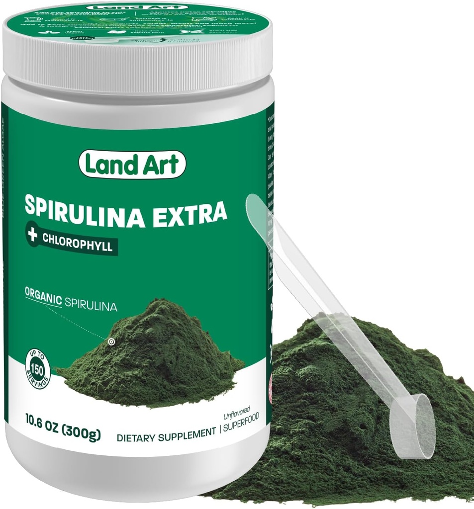 Land Art Certified Organic Fresh Spirulina Extra Powder 300g - Improved with Bioavable Chlorofil Ditambahkan - Unflasmired - Clean Source - 3rd Test - Pengukuran Spoon Inside