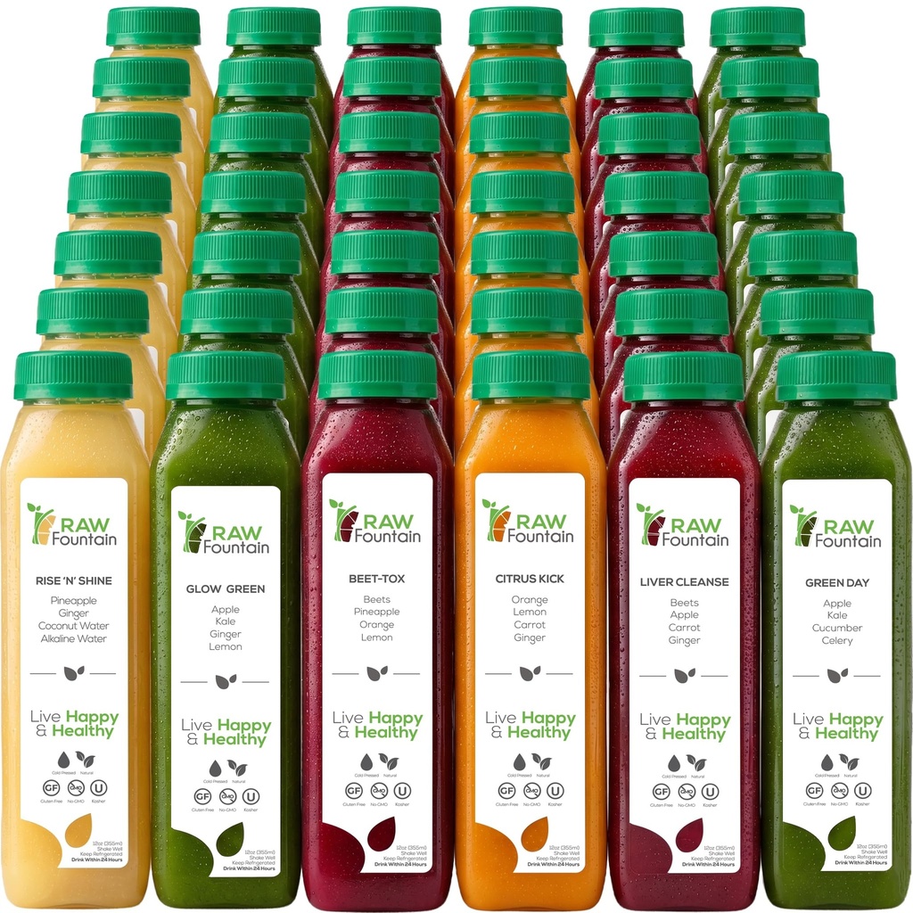 7 Hari Juice Cleanse oleh Raw Fountain, All Natural Raw Detox Cleanse, Juicing for Body Rest, Cold Menekan Juice Fast, Great Way to Jumpstart a Heally Diet, 42 Bottle 12oz, 7 Ginger Shots