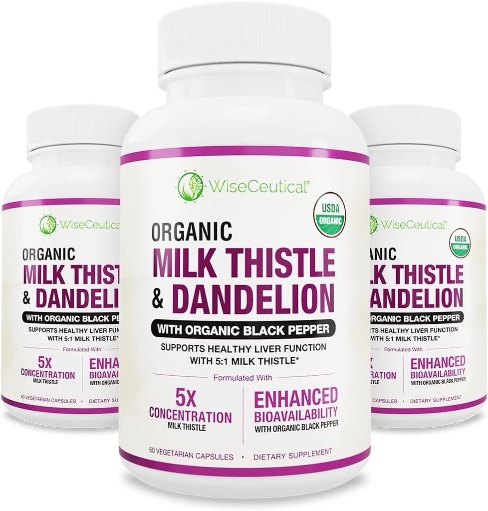 Max Absorpsi USDA Organic Milk Thistle Scan 5: 1 Extract konsentrasi (2000mg Strength) & Organic Dandelion Root 124; Silymarin Antioksidant Flavonoid (60 Count (Paket 3)