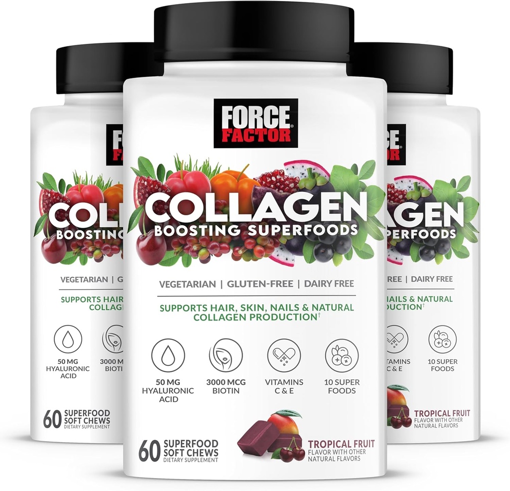 FORCE FASETOR Collagen Boosting Superfood, Vegan Collagen Booster for Women, With Biotin, Hyaluronic Acid, and Vitamin C, For Hair, Kulit, Nails, & Gabungan Dukungan, Tropical Fruit, 180 Soft Chews, 3- Pack