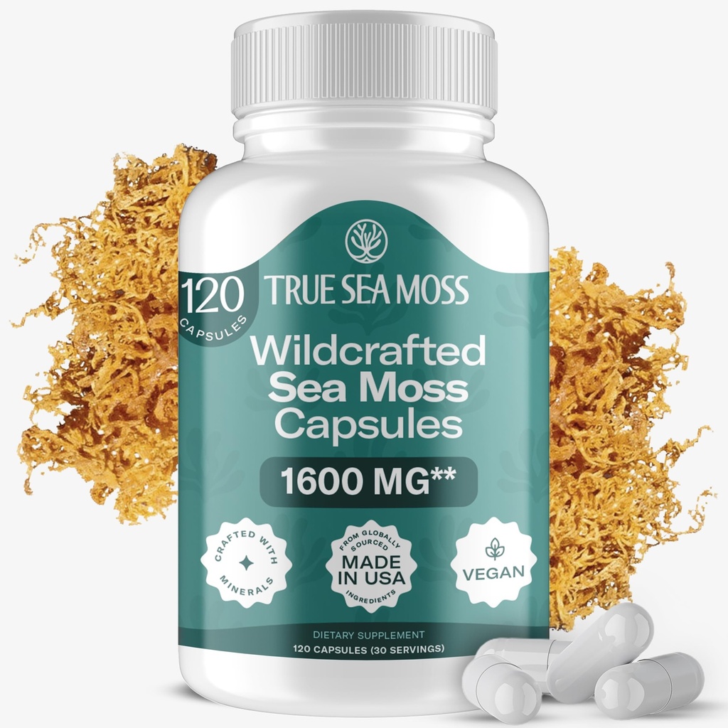 TrueSeashes Irish Moss Capsules - 120 Original Capsules (1600mg) - Prebiotic Superfood - Boosts The Immune & Digetical System - Sehat Skin, Keto Detox, Gut, Joint Support