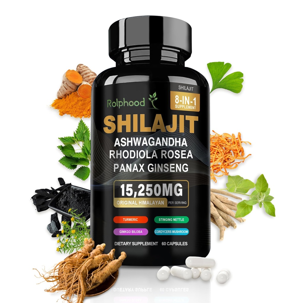 Shilajit untuk Pria / Wanita - Murni Himalaya Organik, Shilajit Capsules dengan Ashwagandha, Suplemen 60 Capsules Alternatif untuk Resin, Drops & Gummies