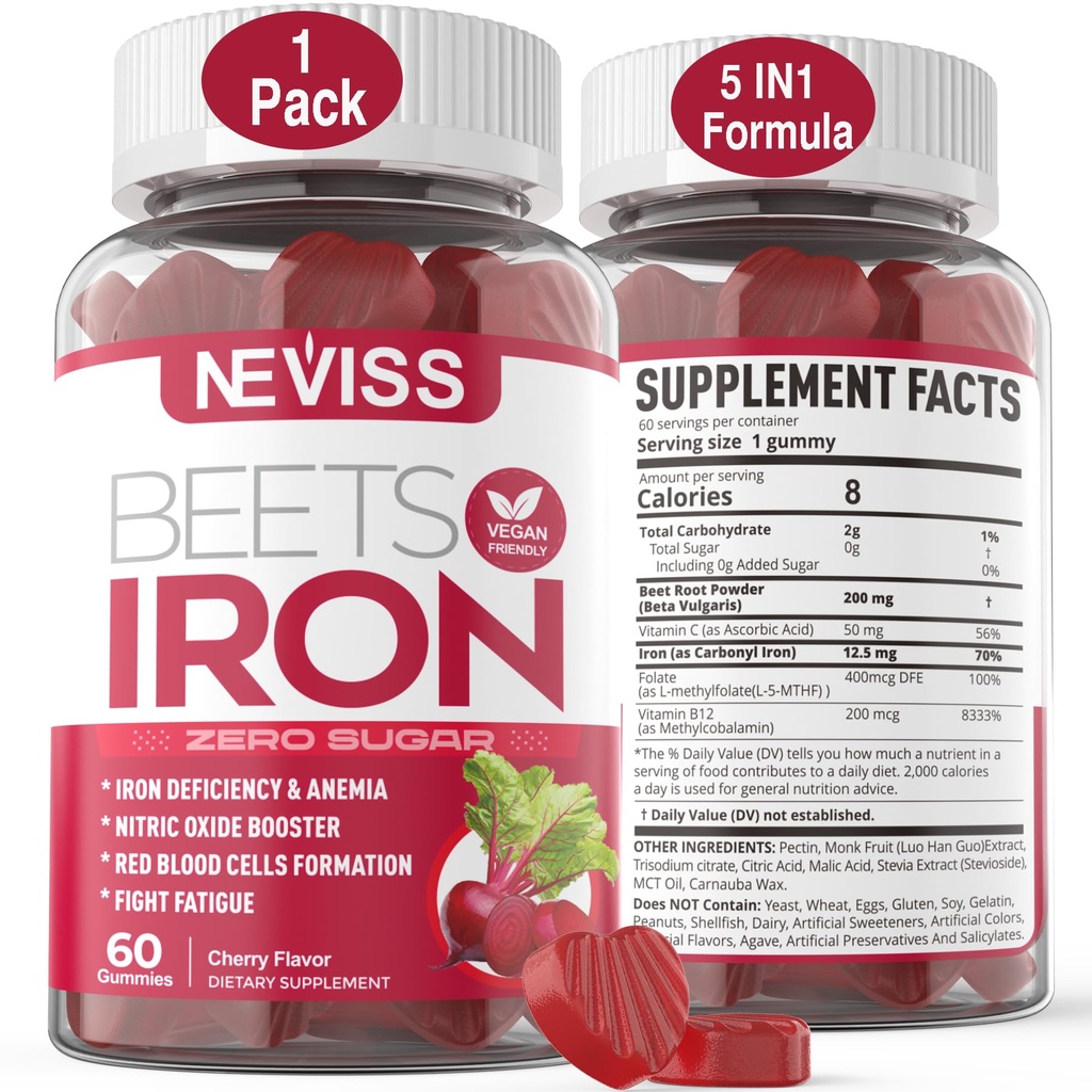 Bulat Root dengan Besi, Metil B12, Flolate, Vitamin C - Naikkan Oxide Nitric & Iron Levels, Dukungan Energi, Melawan Fatigue, Beetroot & Gentle Iron Supplemen, Sugar Free, 60 Counts