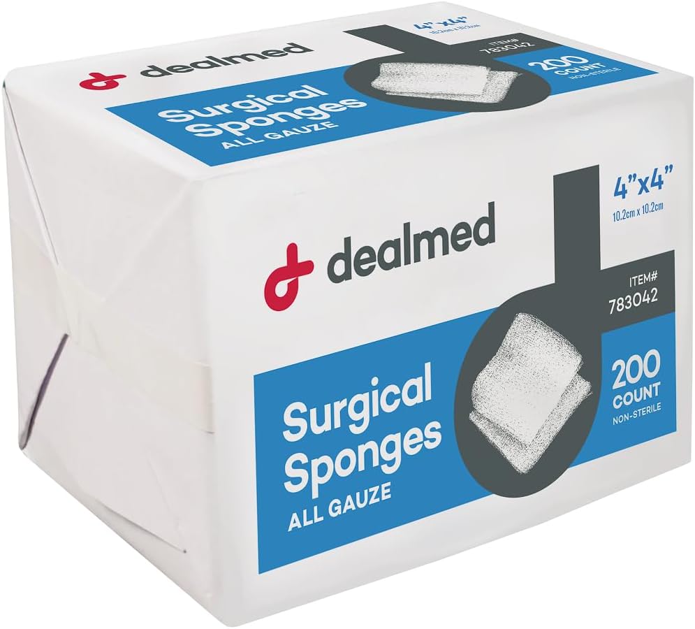 Dealmed 4 "x 4" Spons Bedah, 8- Ply, Non- Woven Absorbent Gauze Spons untuk Weund Care, First Aid Kits dan Fasilitas Medis, 200 Count (Paket 1)