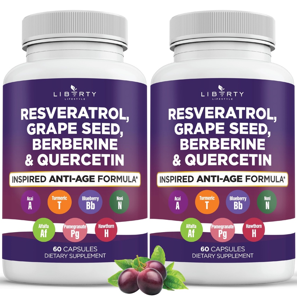 Resveratrol, Berberine, Grape Seed Extract, Quercetin, Polyphenol Tambahan Perempuan dan Pria dengan Ekstrak Noni, N- Acetyl Cysteine, Ekstrak Acai - 2- Pack