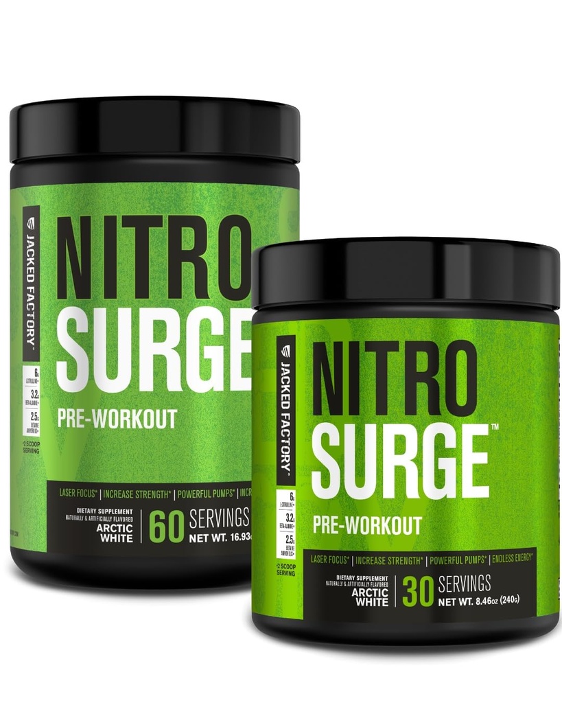 Jacked Factory NITROSURGE Pre Workout Supplement - Endless Energy, Instant Power Gains, Clear Focus, Intense Pumps - NO Booster & Powerful Pretraining Energy Quoder - 90, Arktik White