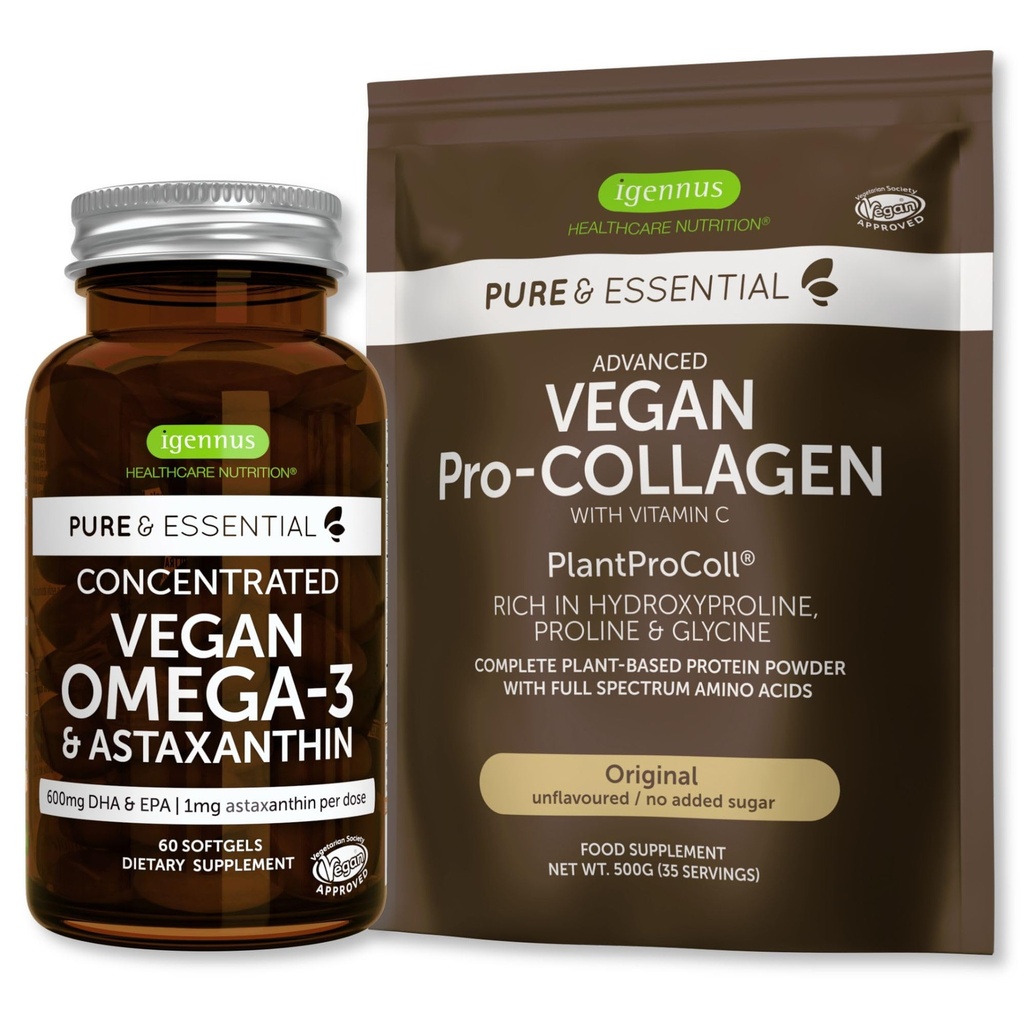 Murni & EscalyVegan Collagen Peptide Powder & Vegan Omega 3 Bundle, Complete Collagen Boosting Formula & Sustainable Algae 1340mg, oleh Igennus