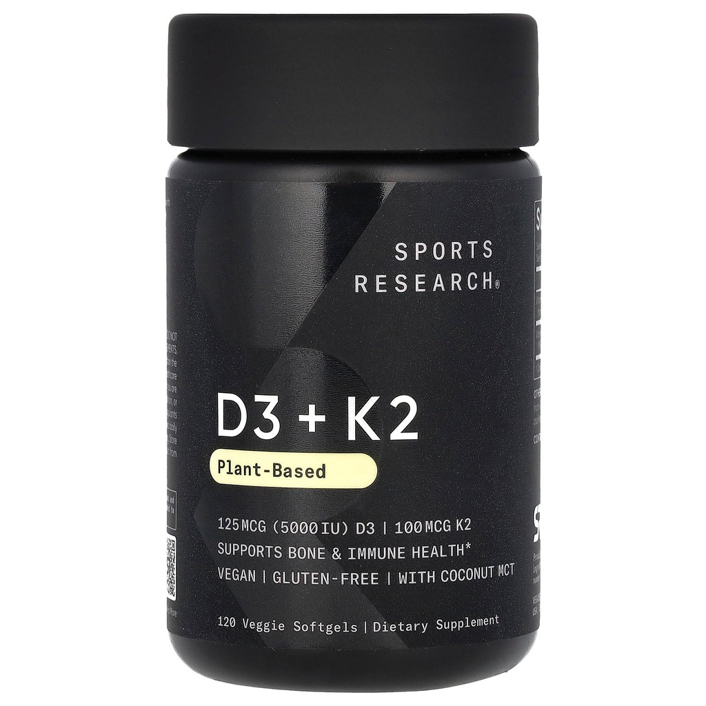 Riset Olahraga Vitamin D3 dengan K2 Softgels - Tanaman berbasis K2 & Vegan D3 5000iu dengan Coconut MCT Oil - Vegan Tersertifikasi, Soy & Gluten Bebas - 120 Count