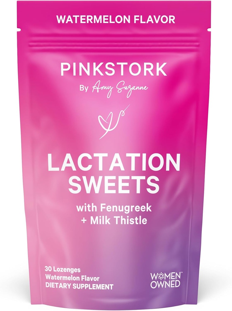 Pink Stork Lactation Sweets Supplement, Breastfeating Snacks dengan Fenugreek dan Milk Thistle untuk Dukung Breast Milk Supply - 30 Watermelon Candy Drops (Packing May Vary)